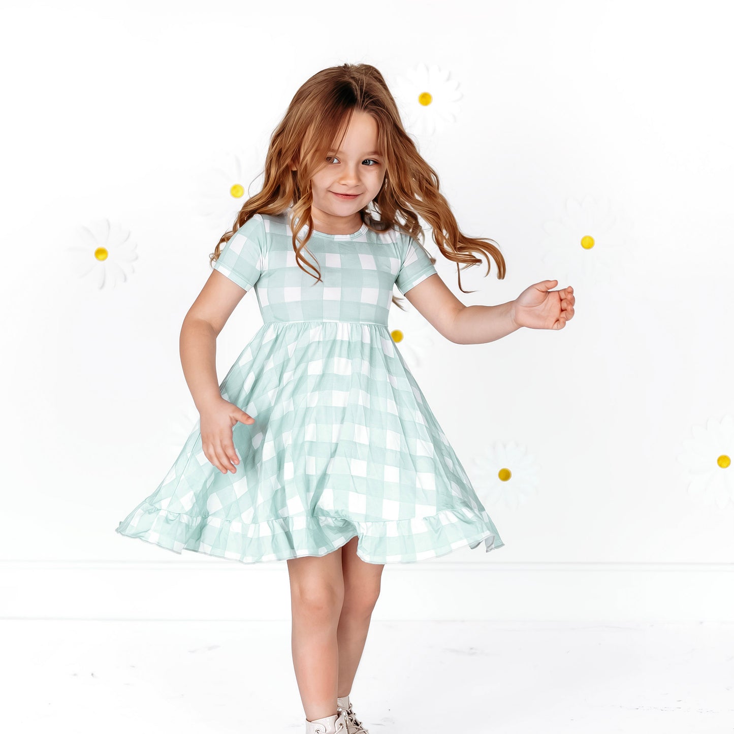 Sage Gingham Ruffle Twirl Dress