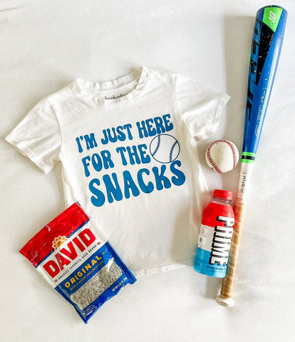 I'm Just Here for the snacks tee in White/Blue