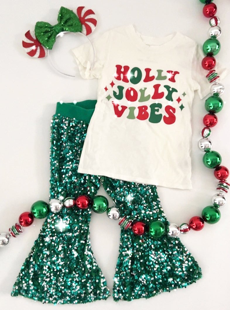 Sequin Bell Bottoms in Emerald sizes: 6mo-14yr
