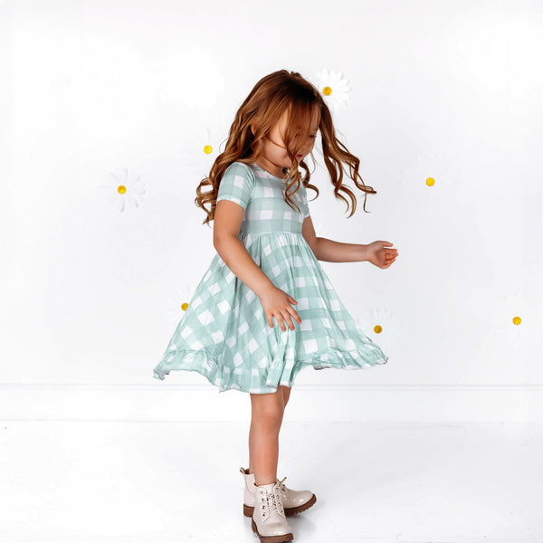 Sage Gingham Ruffle Twirl Dress