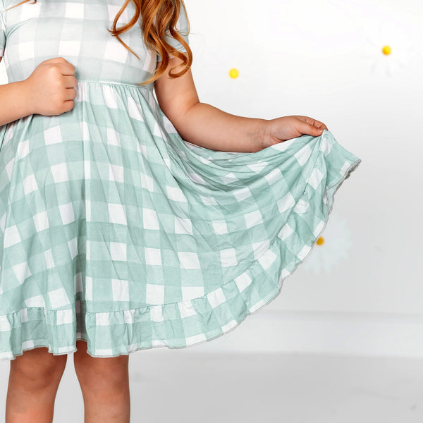 Sage Gingham Ruffle Twirl Dress