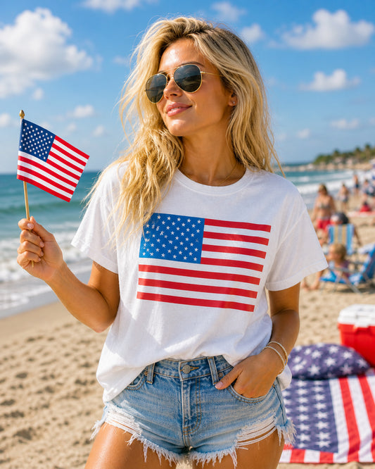 Boxy American Flag Tee in White