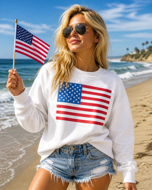 America Flag Sweatshirt in Pure White