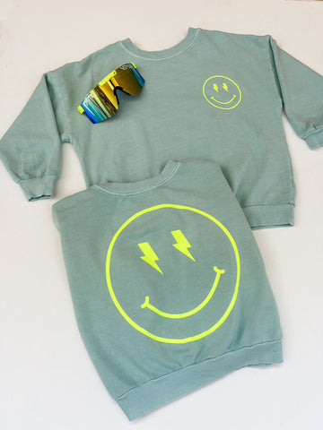 Happy Face Sweatshirt in Seafoam/Neon