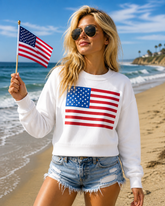 America Flag Sweatshirt in Pure White