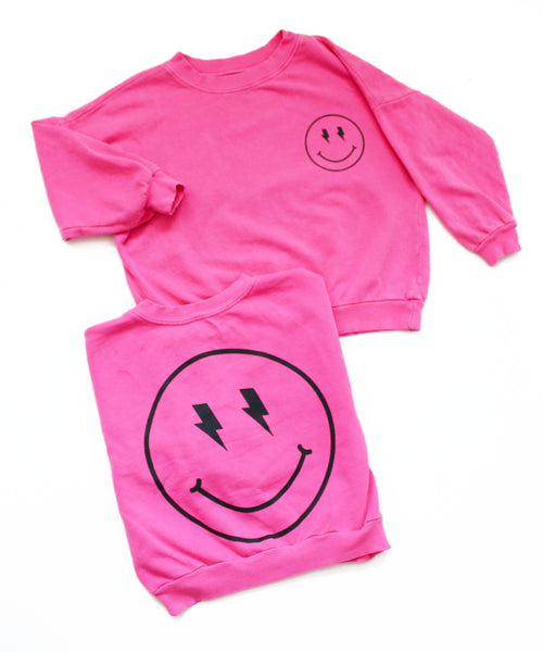 Happy Face Sweatshirt in Neon Pink
