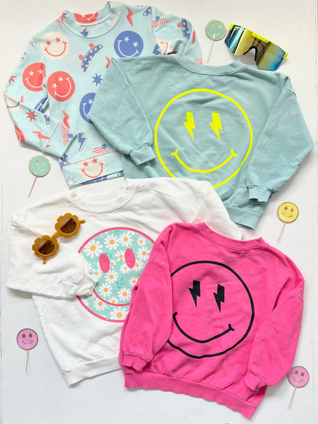 Happy Face Sweatshirt in Seafoam/Neon