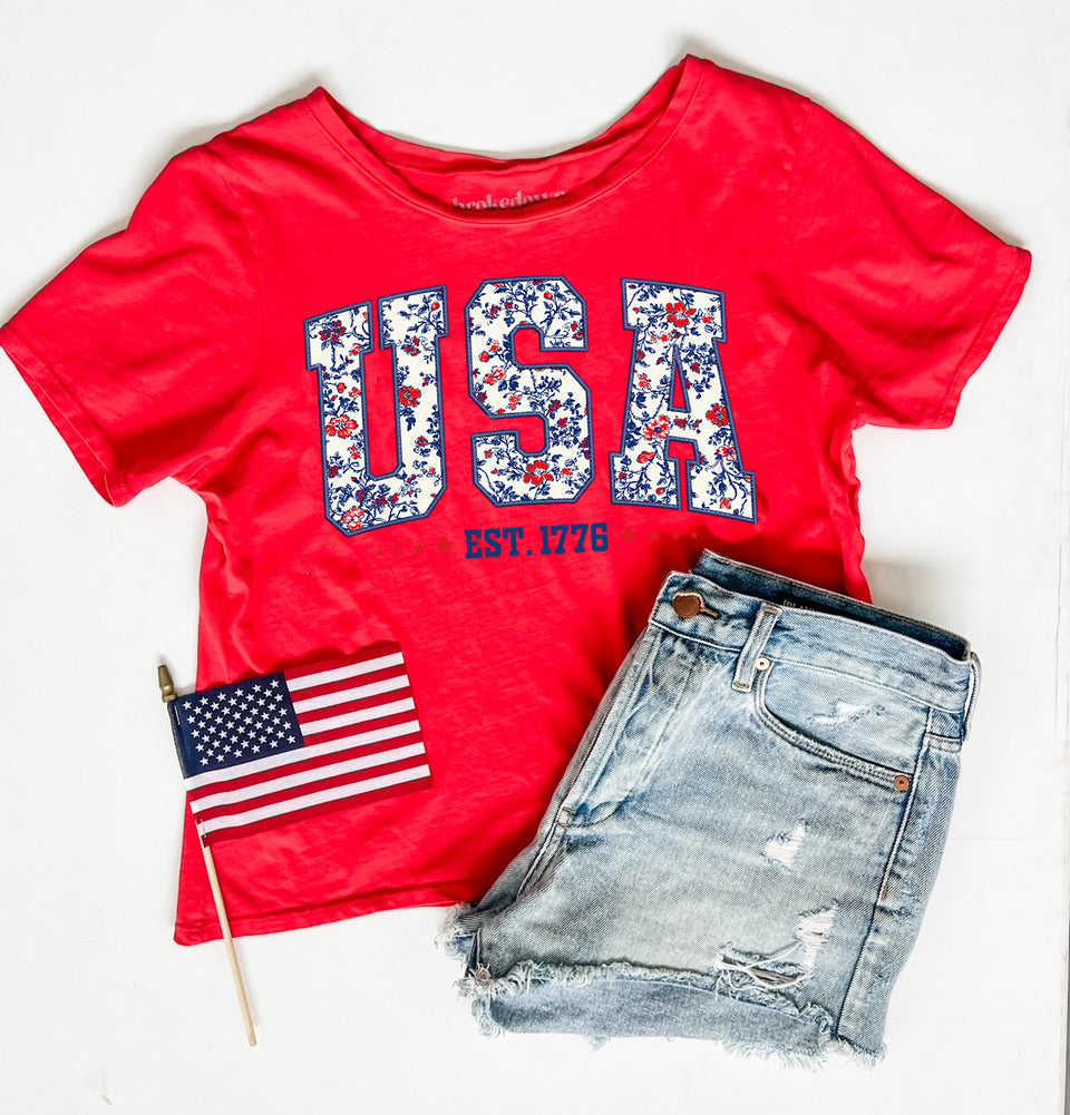 USA Floral Tee in Red