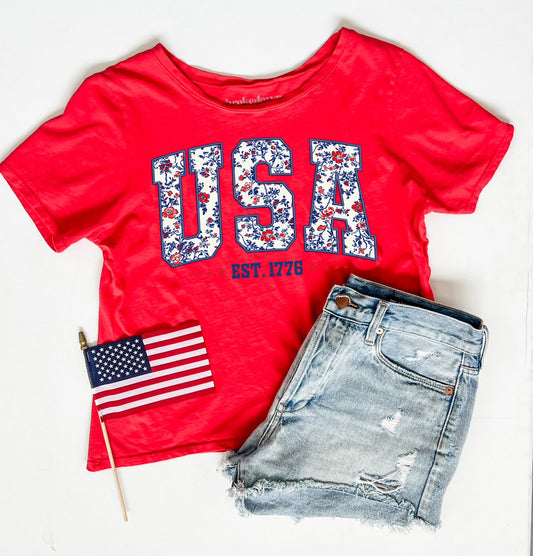 USA Floral Tee in Red