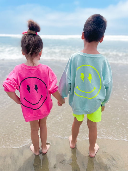Happy Face Sweatshirt in Seafoam/Neon